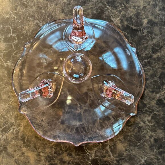 Rare Vintage Pink Depression Lancaster Jubilee 3 Footed bowl 3"H x 6.25”W - Picture 5 of 6